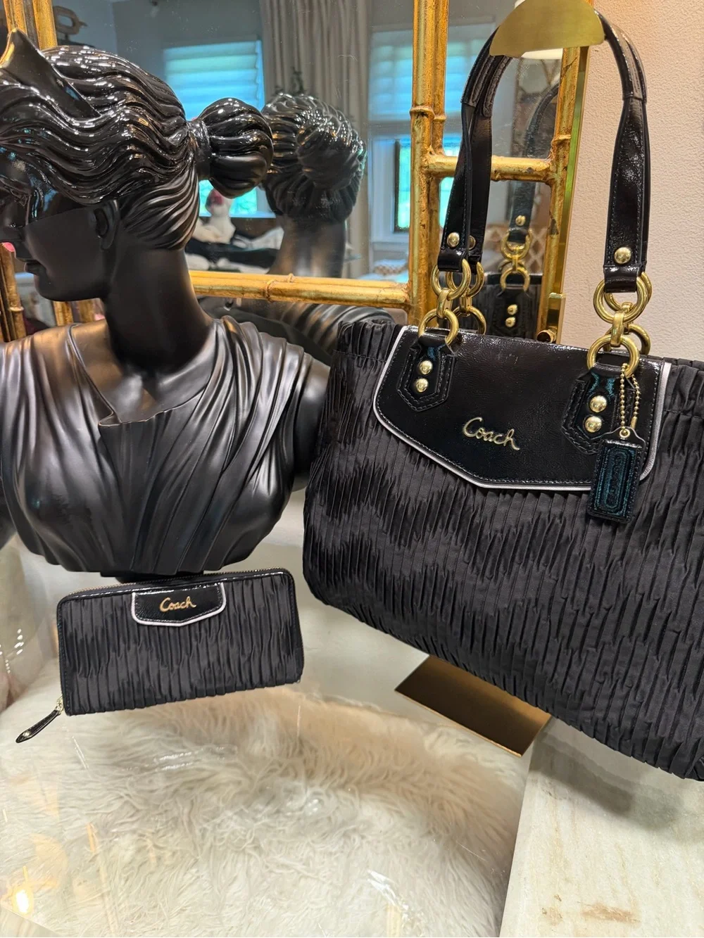 Coach EUC Black Pleated Tote and Wallet Set